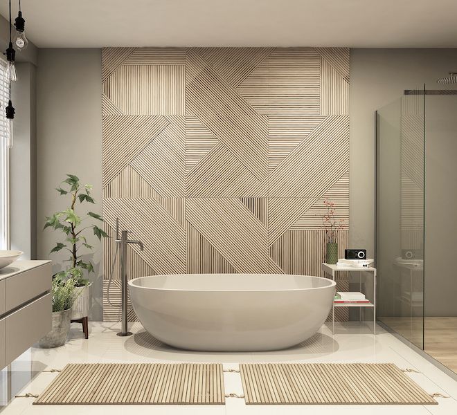 Modern bathroom interior with wooden decor in eco style. 3D Render