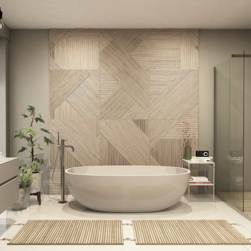 Modern bathroom interior with wooden decor in eco style. 3D Render